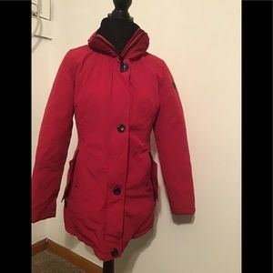 Red puffer jacket